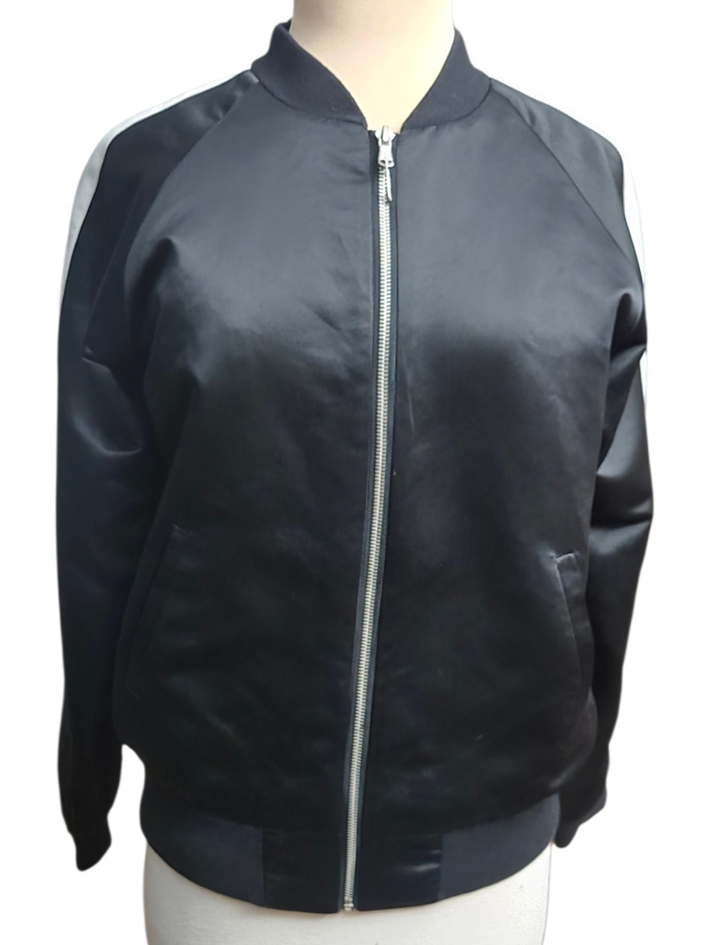 Forever 21 Black Satin Bomber Jacket with Multicolor Floral Embroidery - Picture 2 of 4